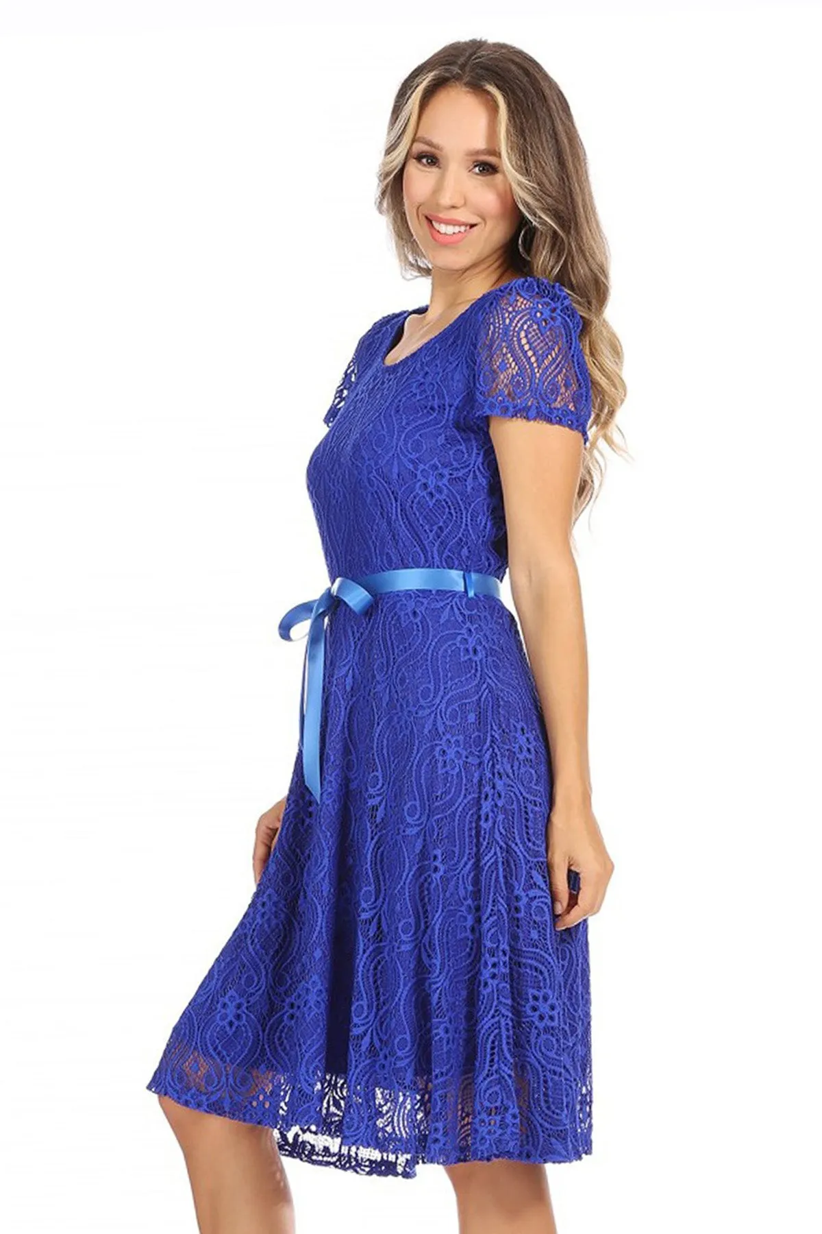Women's Lace Short Sleeve A-Line Midi Dress