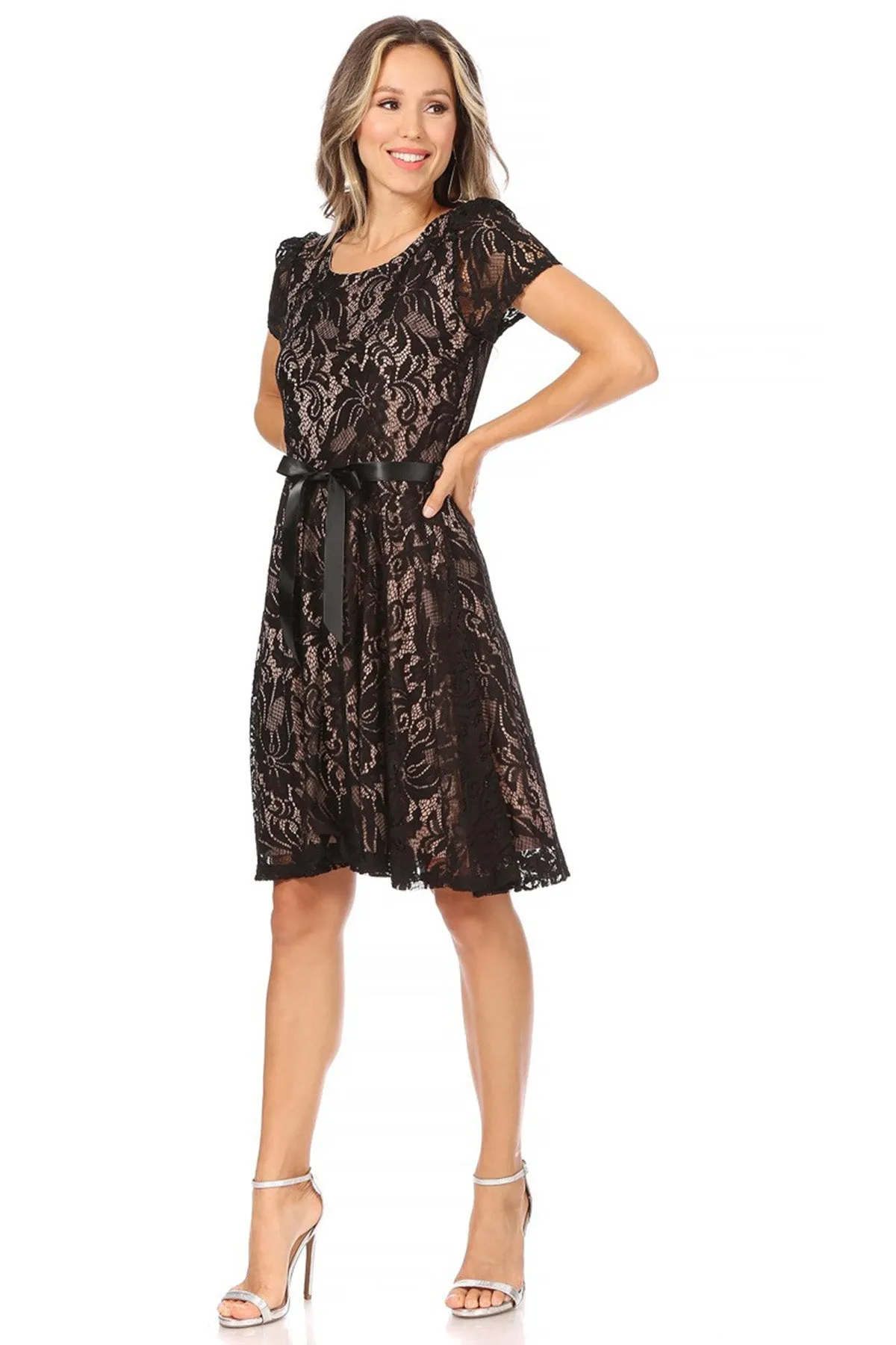 Women's Lace Short Sleeve A-Line Midi Dress