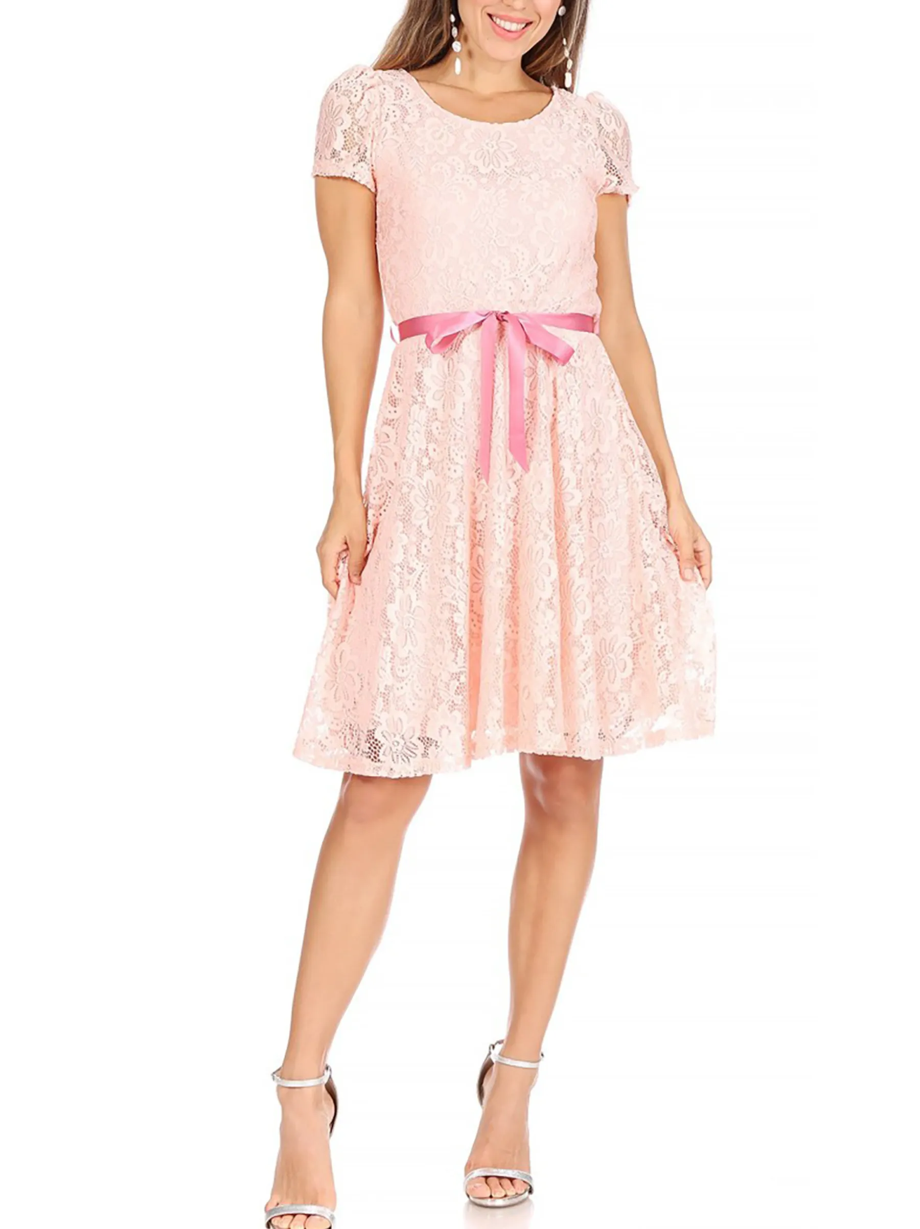 Women's Lace Short Sleeve A-Line Midi Dress