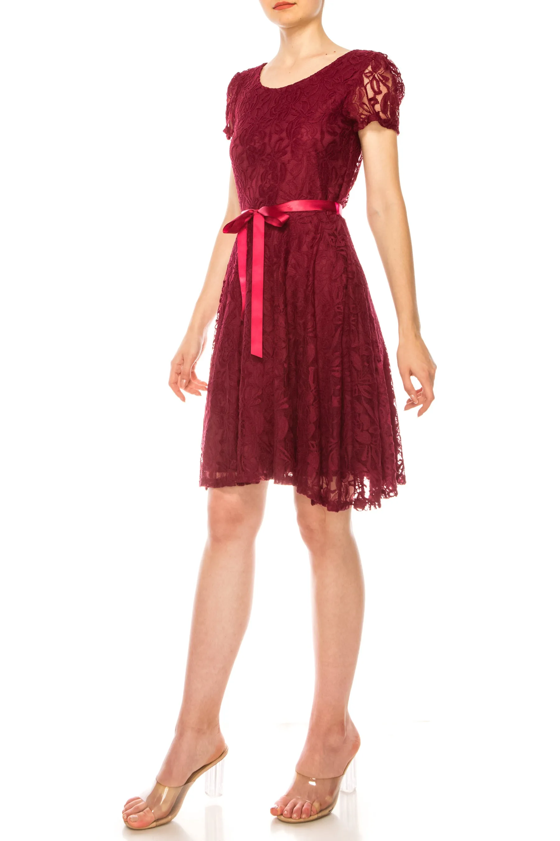 Women's Lace Short Sleeve A-Line Midi Dress