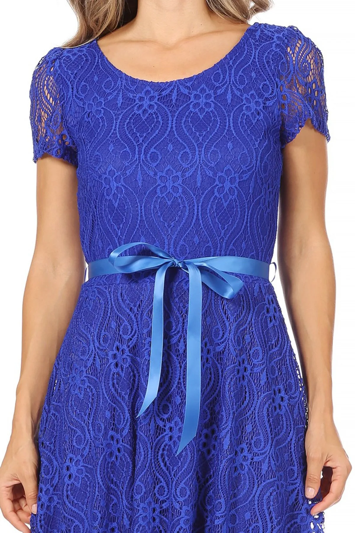 Women's Lace Short Sleeve A-Line Midi Dress