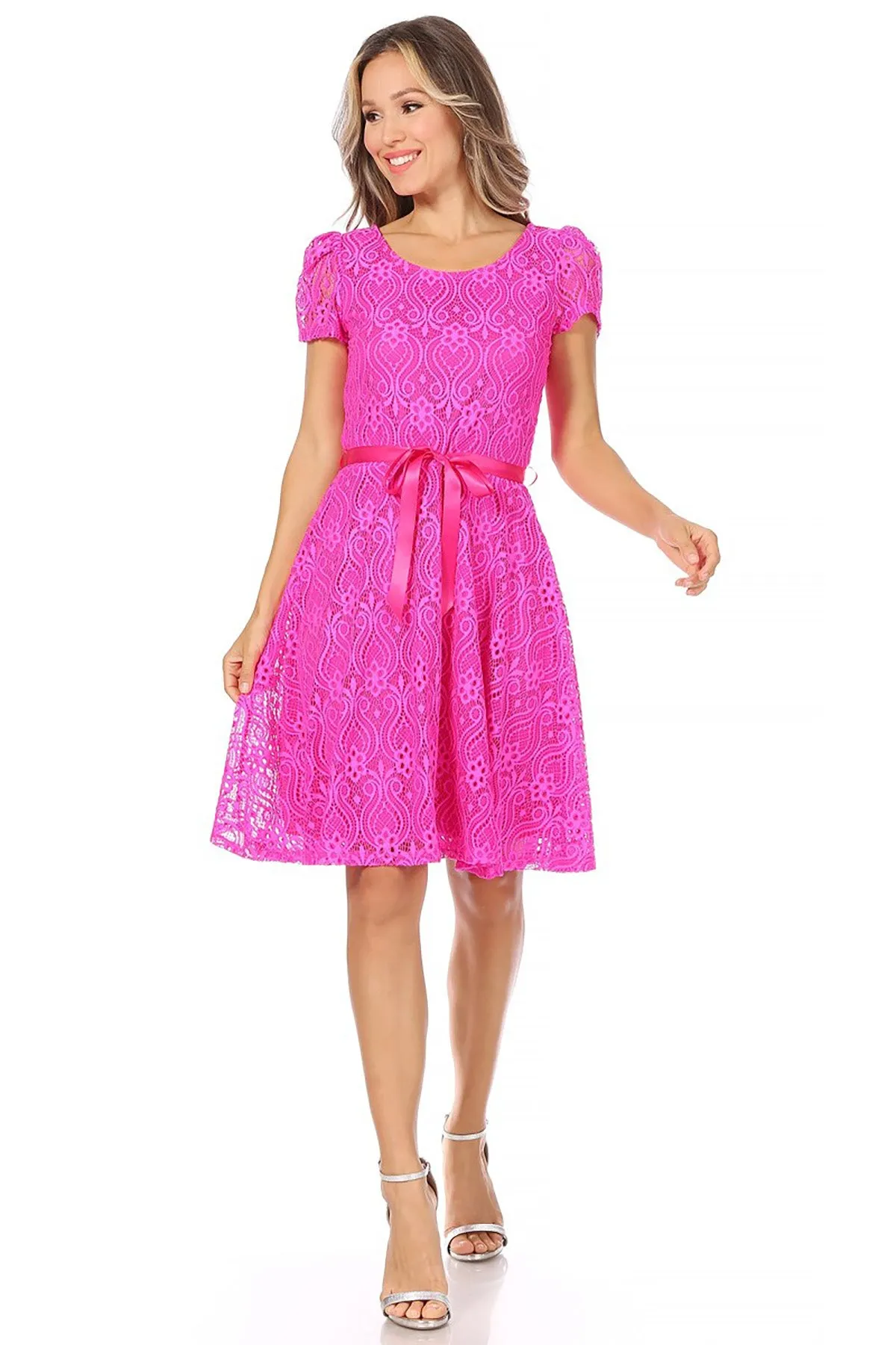 Women's Lace Short Sleeve A-Line Midi Dress