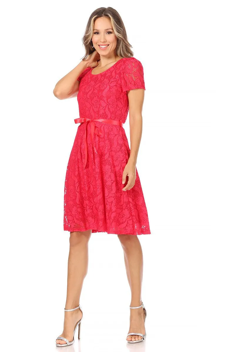 Women's Lace Short Sleeve A-Line Midi Dress