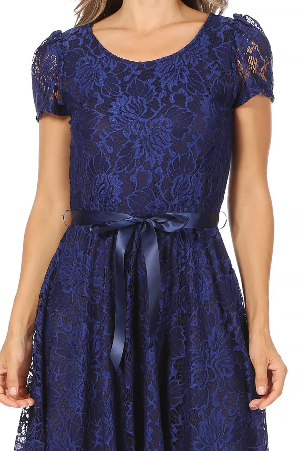 Women's Lace Short Sleeve A-Line Midi Dress