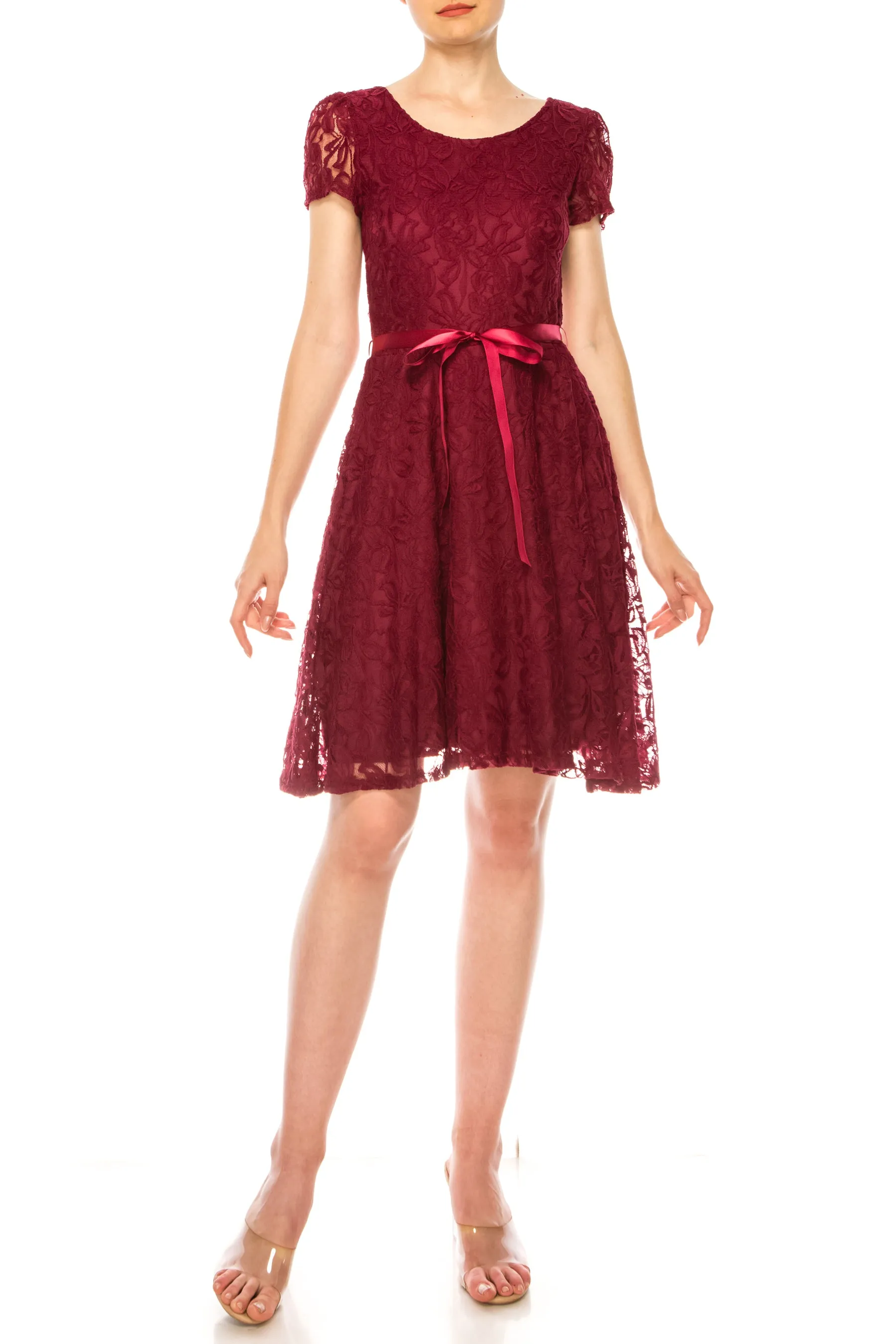Women's Lace Short Sleeve A-Line Midi Dress