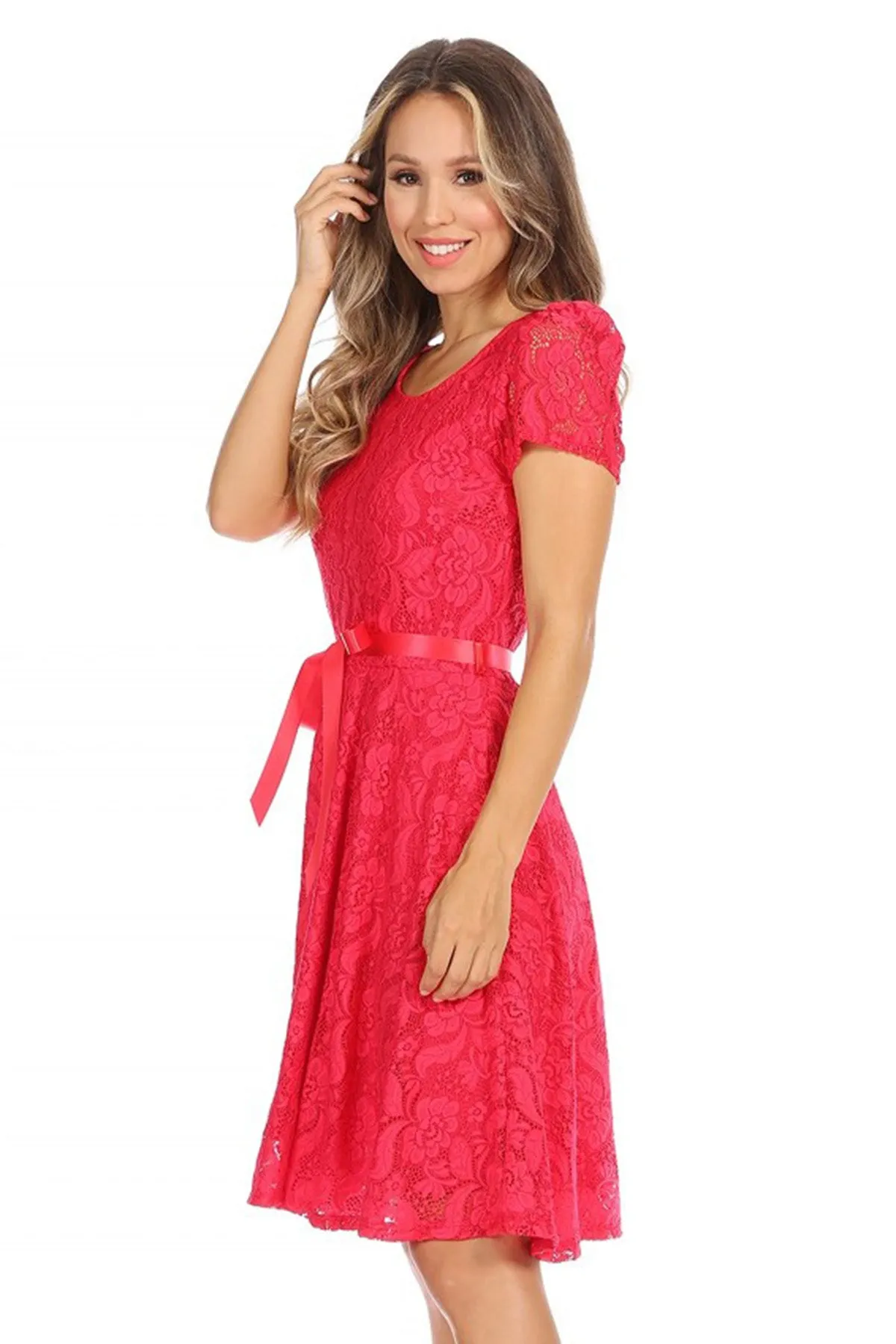 Women's Lace Short Sleeve A-Line Midi Dress