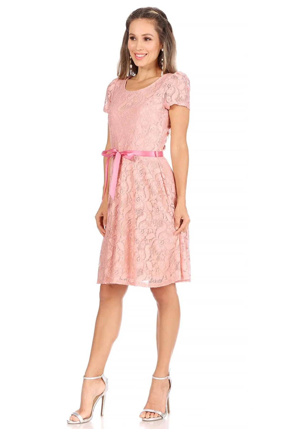 Women's Lace Short Sleeve A-Line Midi Dress