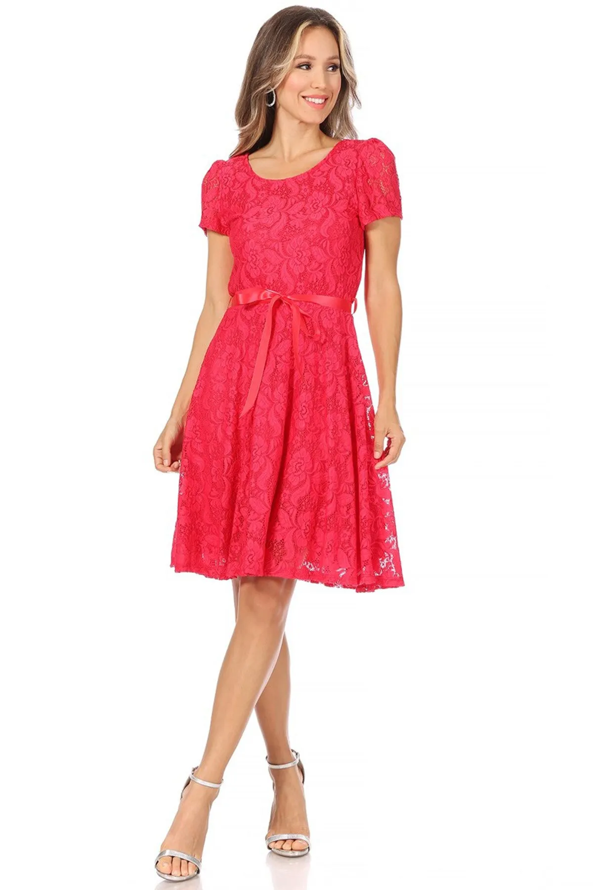 Women's Lace Short Sleeve A-Line Midi Dress