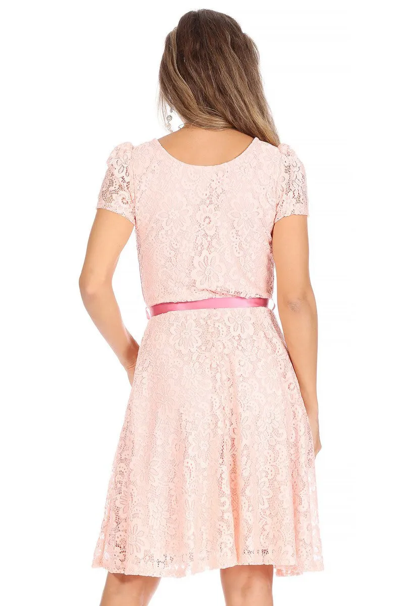 Women's Lace Short Sleeve A-Line Midi Dress
