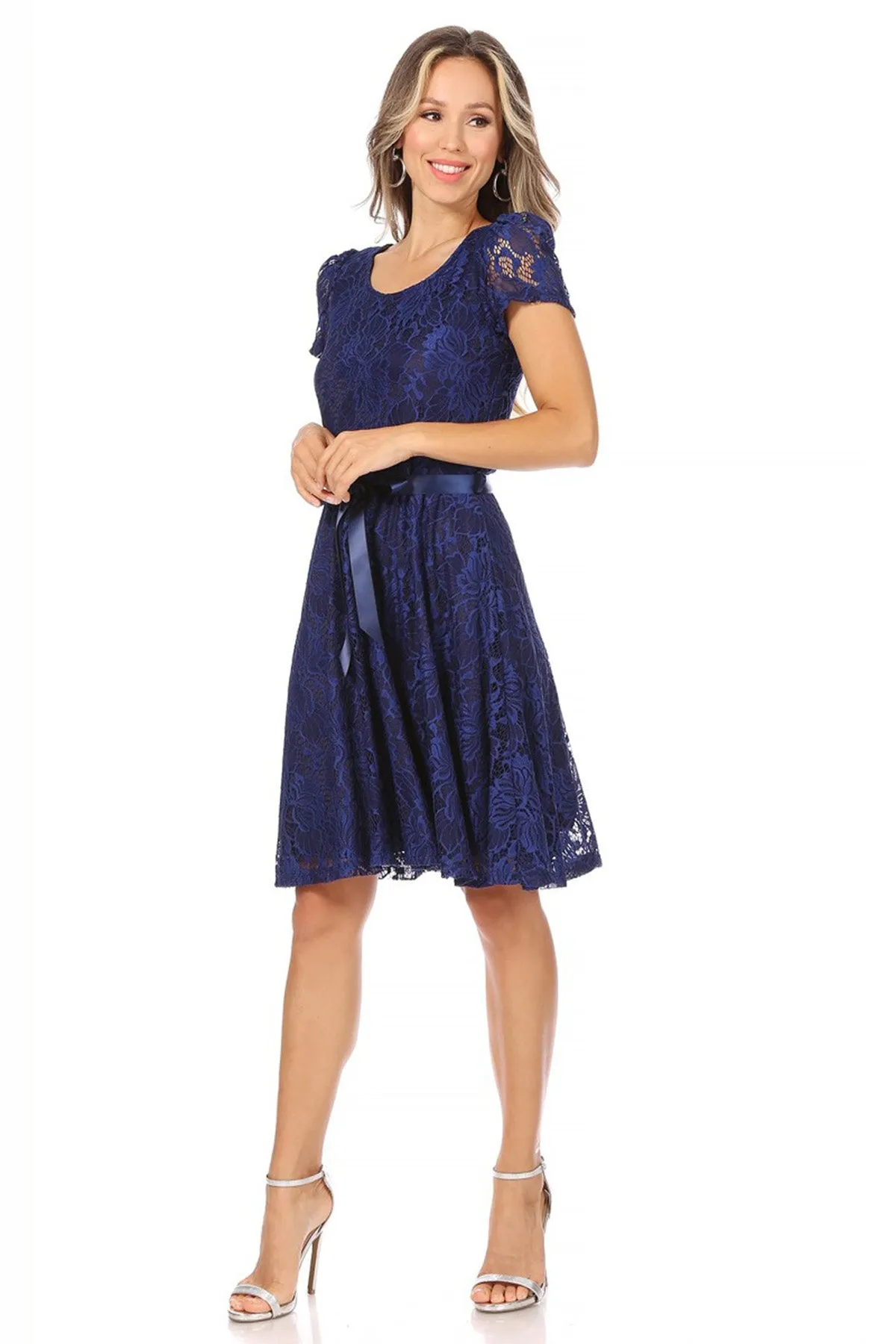 Women's Lace Short Sleeve A-Line Midi Dress