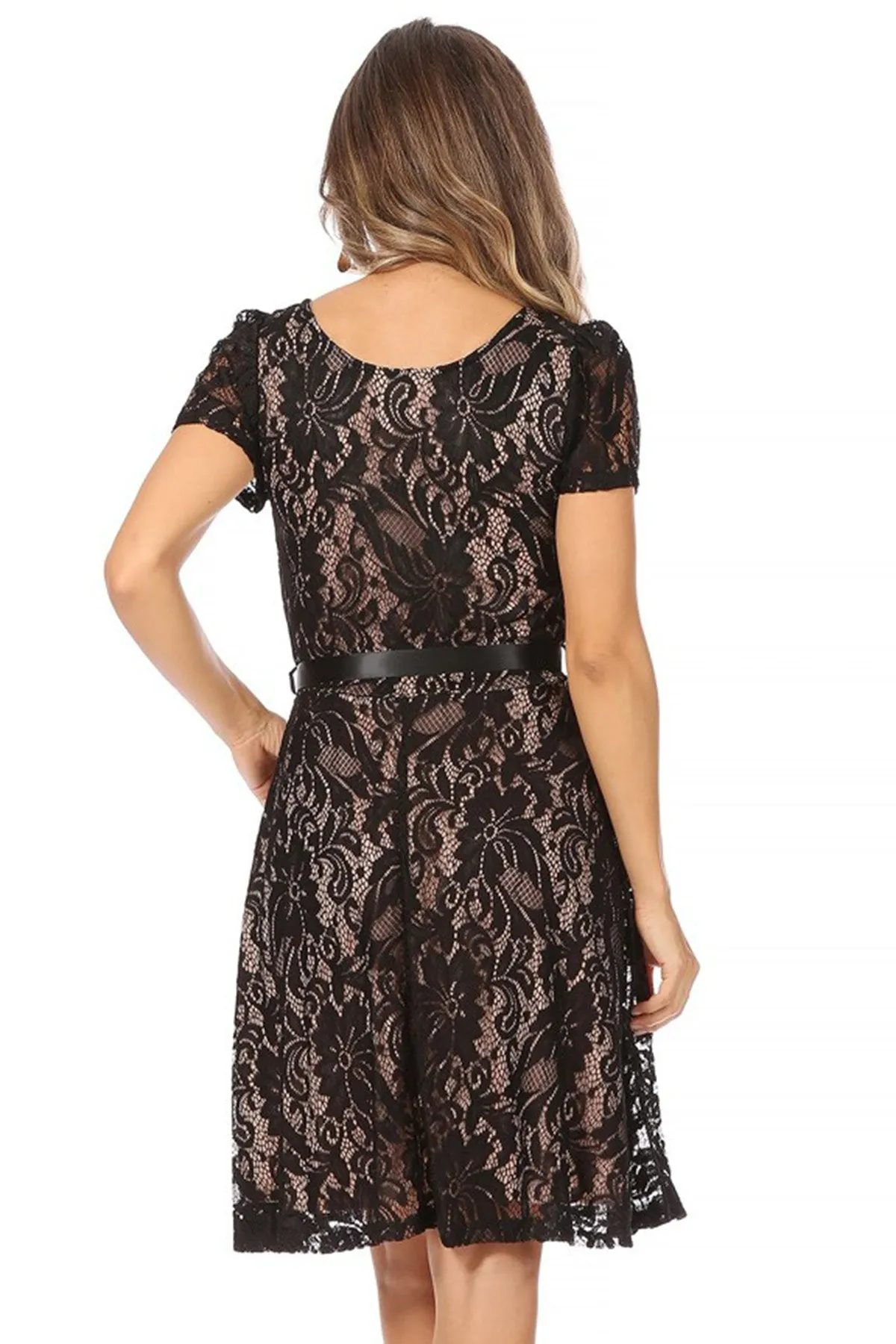 Women's Lace Short Sleeve A-Line Midi Dress