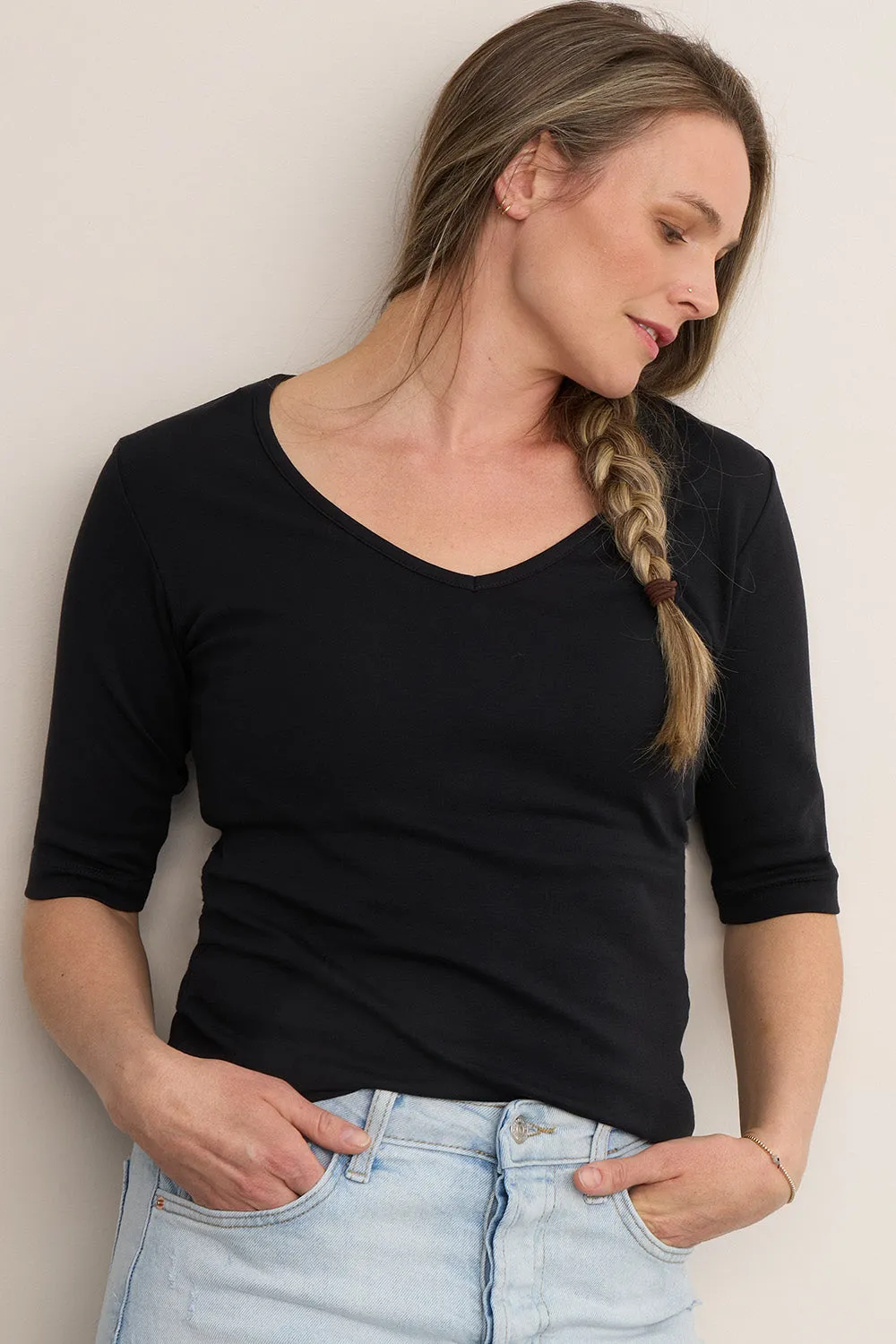 Women's Luxe 100% Organic Cotton Elbow Sleeve V-Neck Top