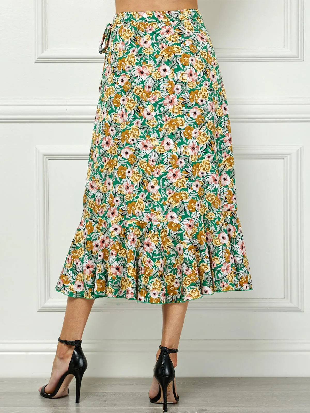 WOMEN'S SELF TIE RUFFLE FLORAL WRAP MIDI SKIRT