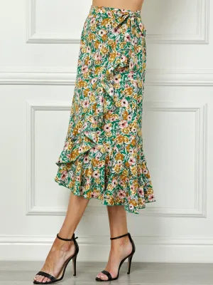 WOMEN'S SELF TIE RUFFLE FLORAL WRAP MIDI SKIRT