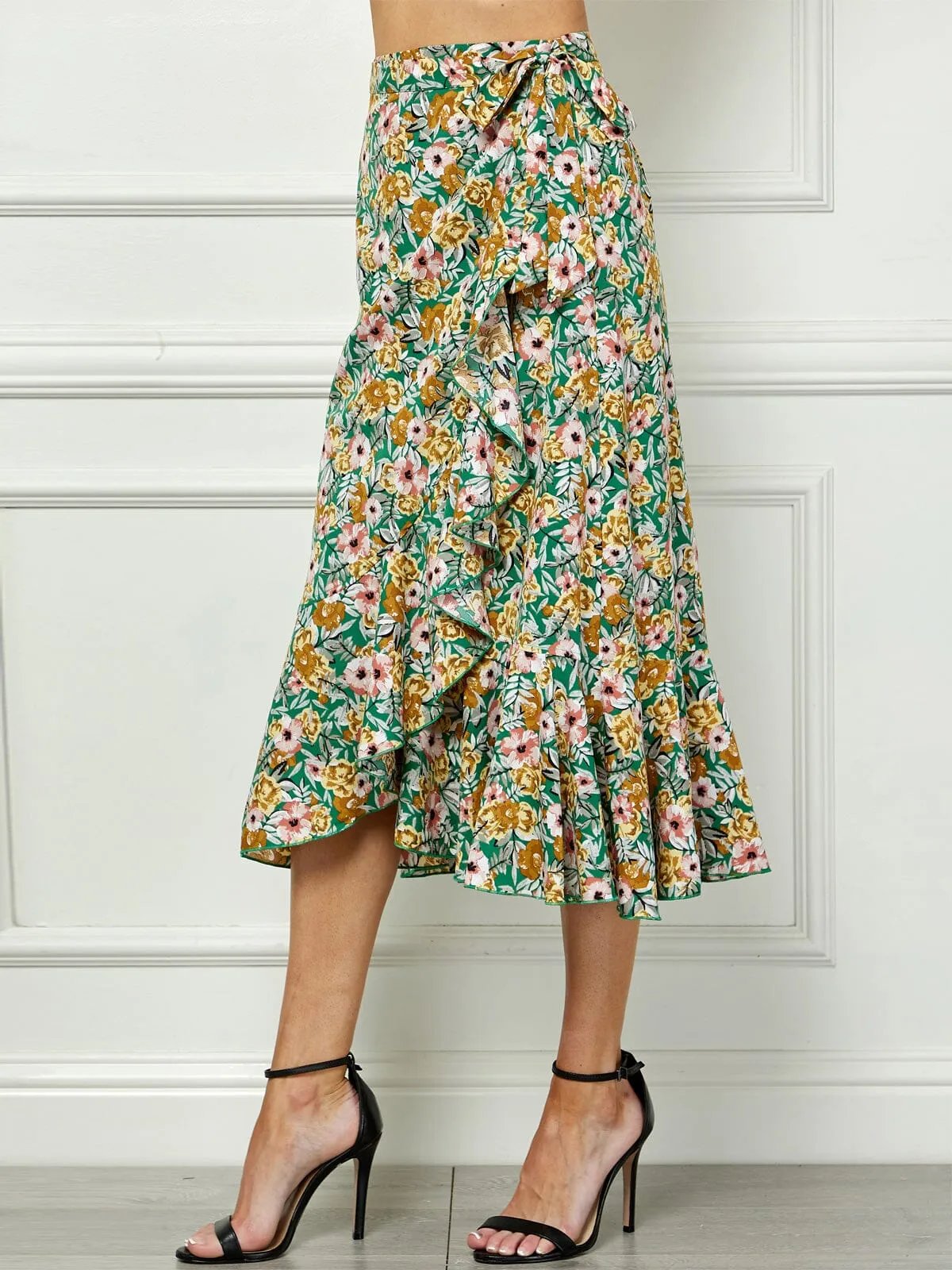 WOMEN'S SELF TIE RUFFLE FLORAL WRAP MIDI SKIRT