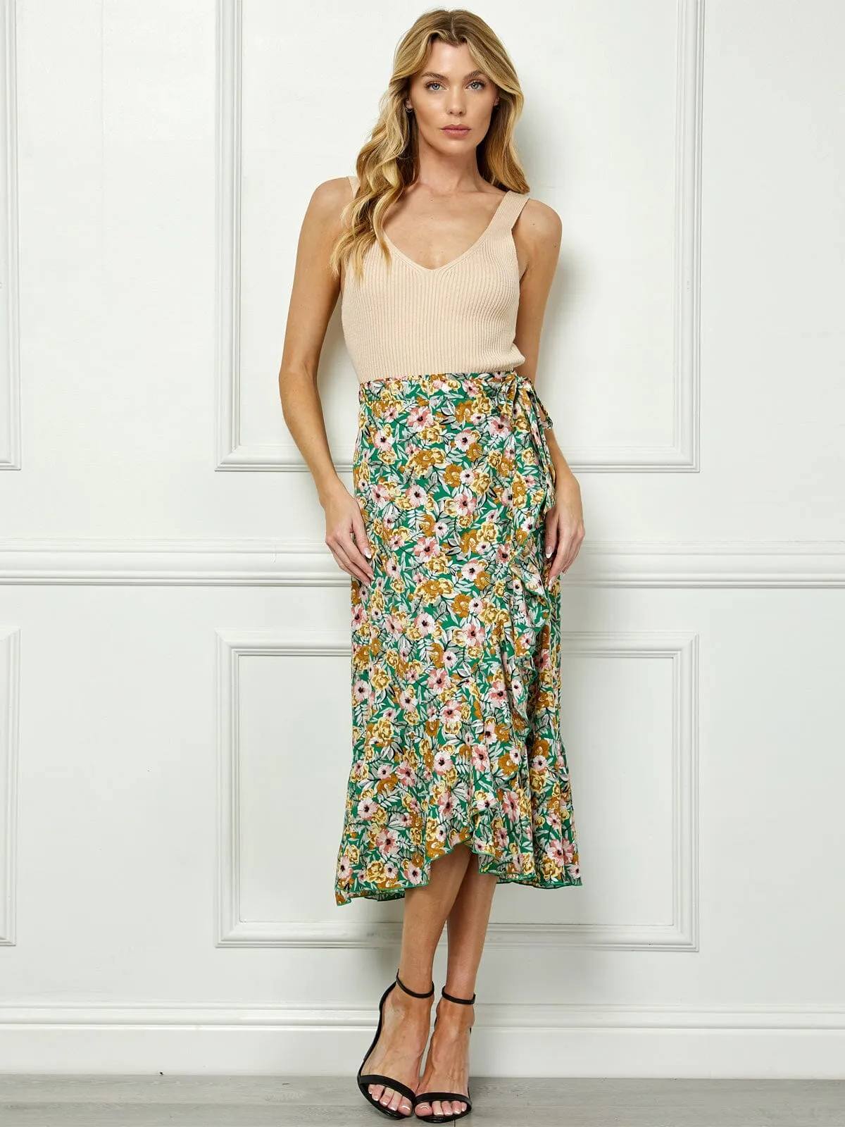 WOMEN'S SELF TIE RUFFLE FLORAL WRAP MIDI SKIRT