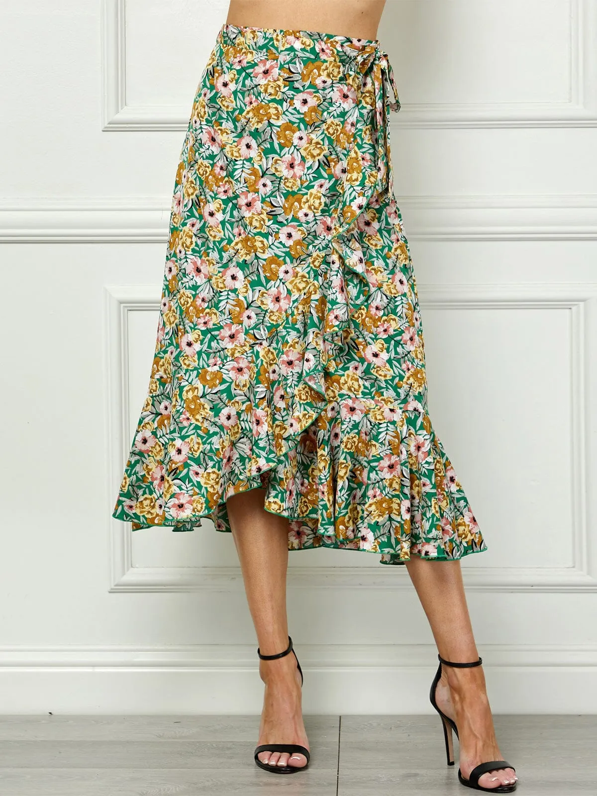 WOMEN'S SELF TIE RUFFLE FLORAL WRAP MIDI SKIRT