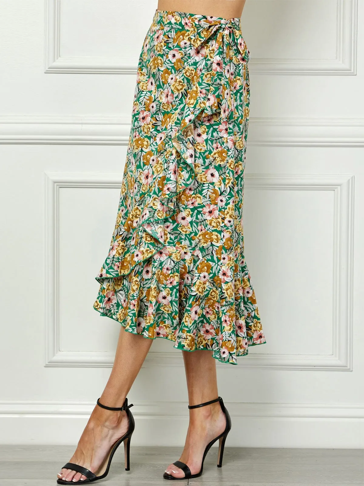 WOMEN'S SELF TIE RUFFLE FLORAL WRAP MIDI SKIRT