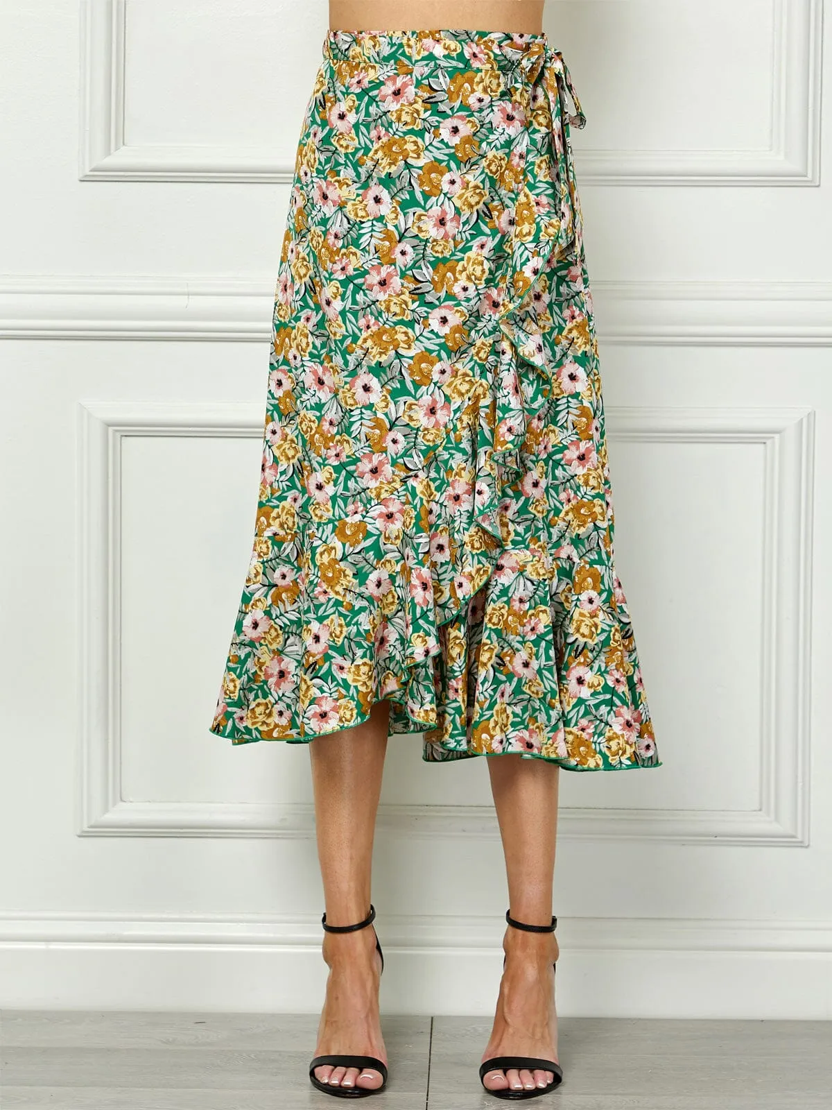 WOMEN'S SELF TIE RUFFLE FLORAL WRAP MIDI SKIRT