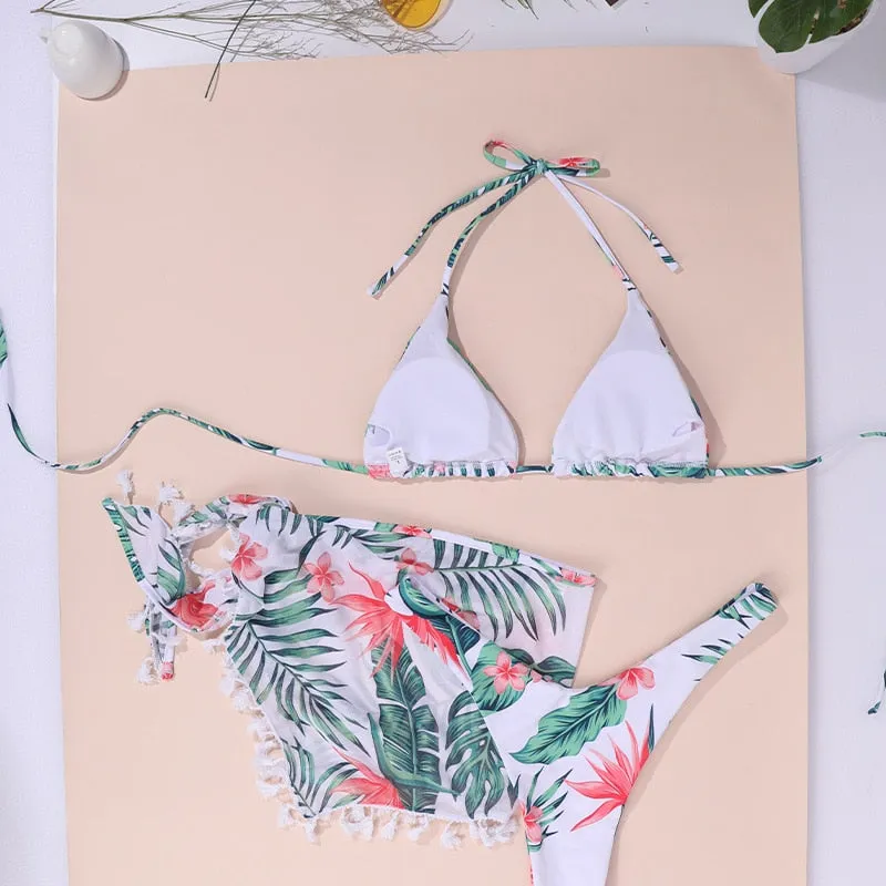 Women's Swimsuit New European and American Sexy Halter Print Split Swimwear Three-Piece Halter Lace Bikini