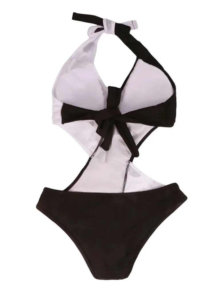 Women's Swimsuit Polka Dot Patchwork Strap One-Piece Bathing Suit V-Neck Swimwear Beachwear