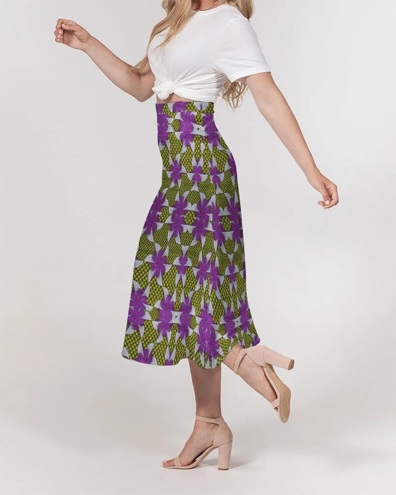 Yellow purple African Print Women's A-Line Midi Skirt
