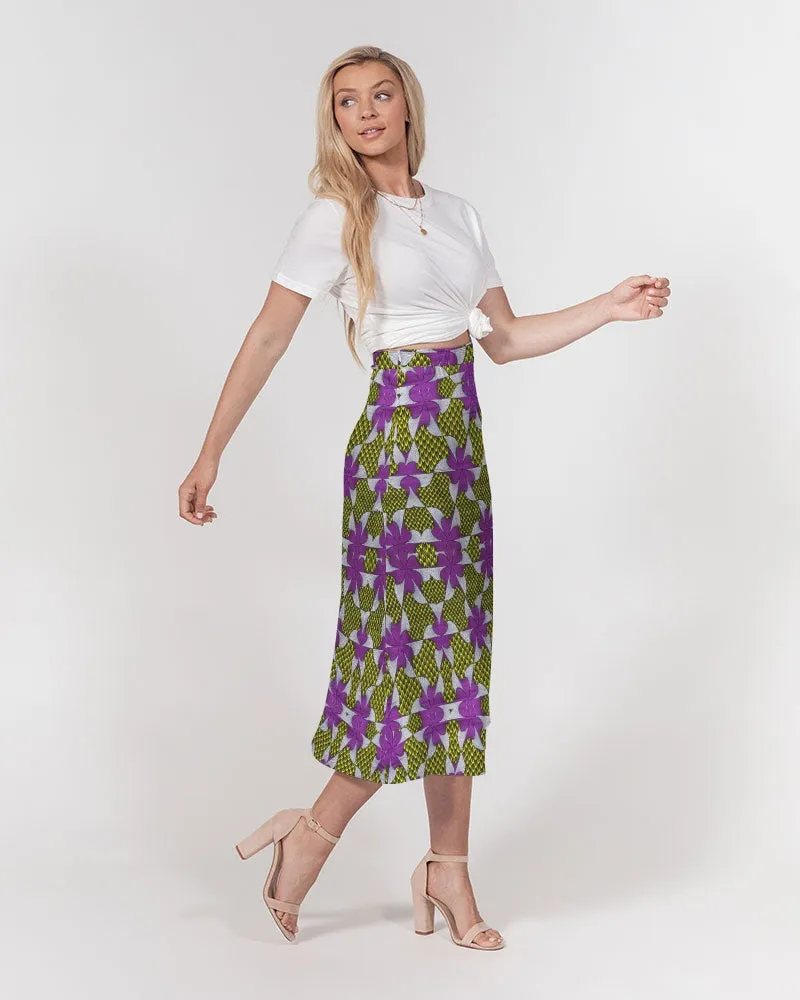 Yellow purple African Print Women's A-Line Midi Skirt