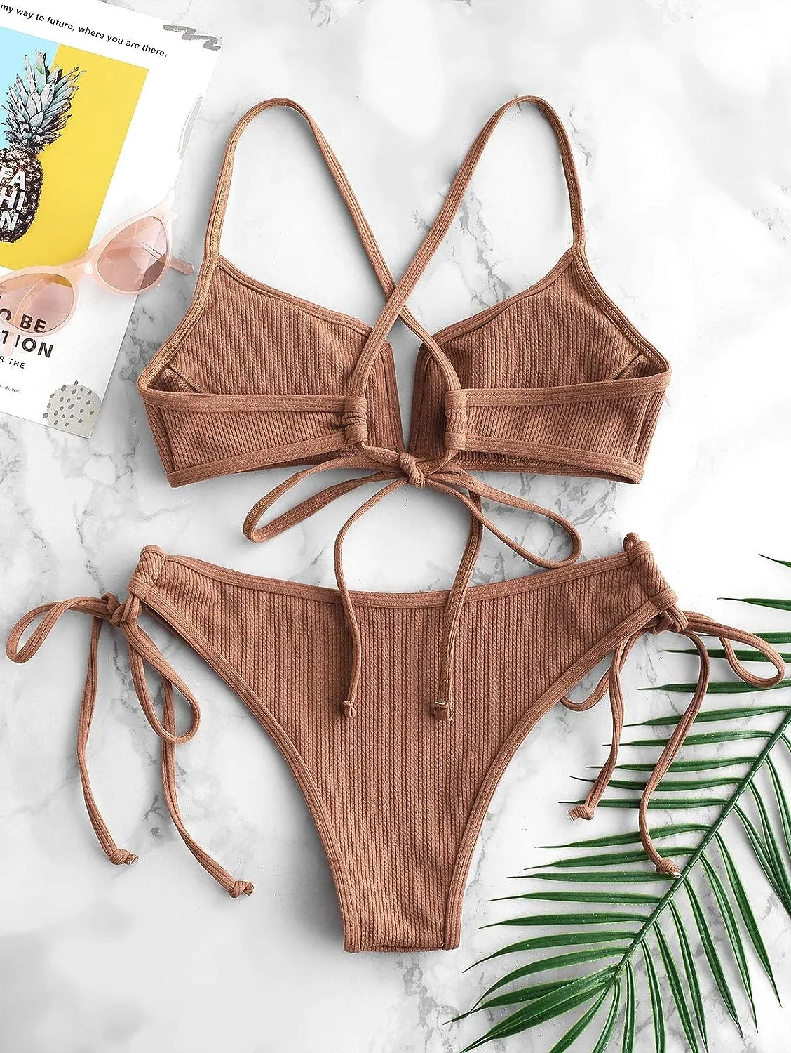 ZAFUL Women's High Cut Bikini Sets Ribbed V-Wire Cami Bikini Set