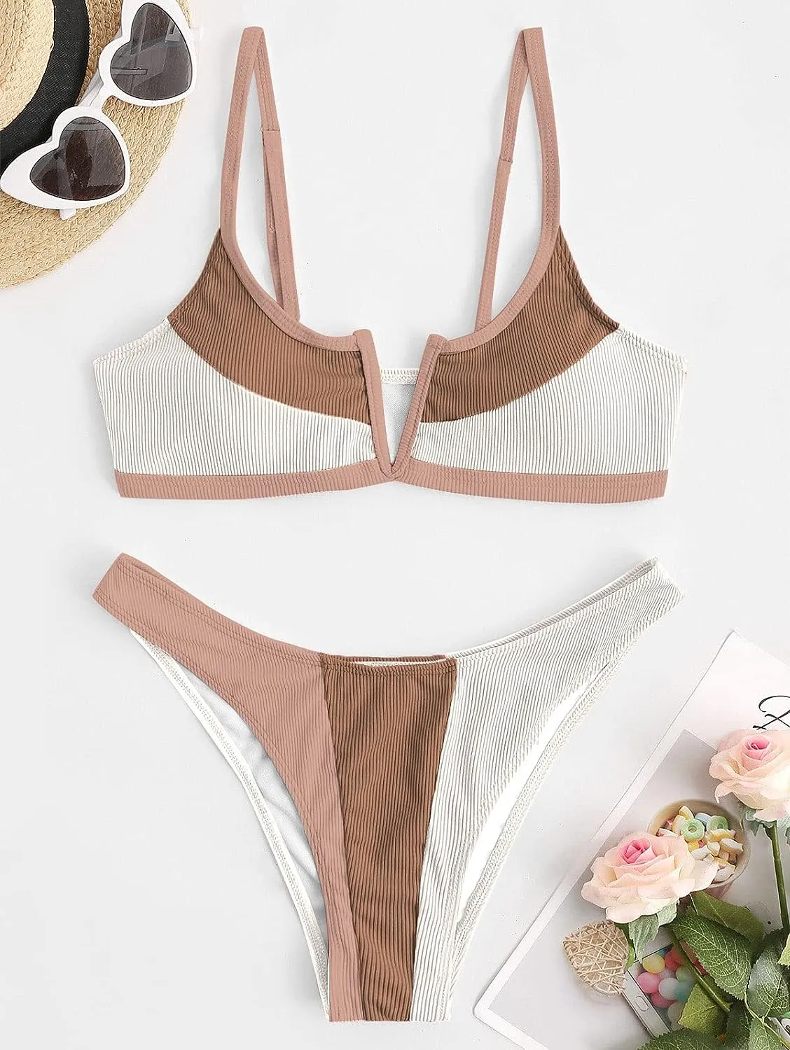 ZAFUL Women's High Cut Bikini Sets Ribbed V-Wire Cami Bikini Set