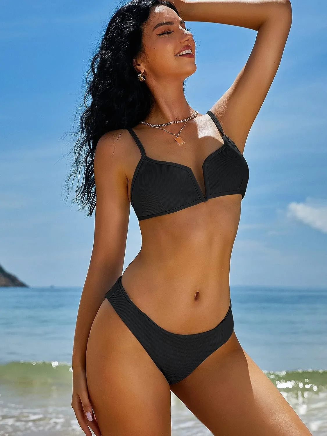 ZAFUL Women's High Cut Bikini Sets Ribbed V-Wire Cami Bikini Set