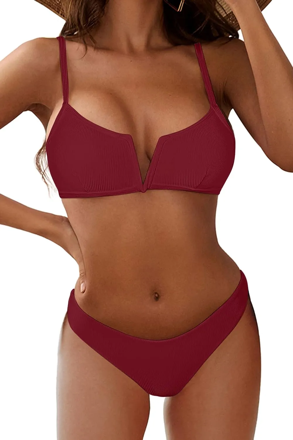 ZAFUL Women's High Cut Bikini Sets Ribbed V-Wire Cami Bikini Set