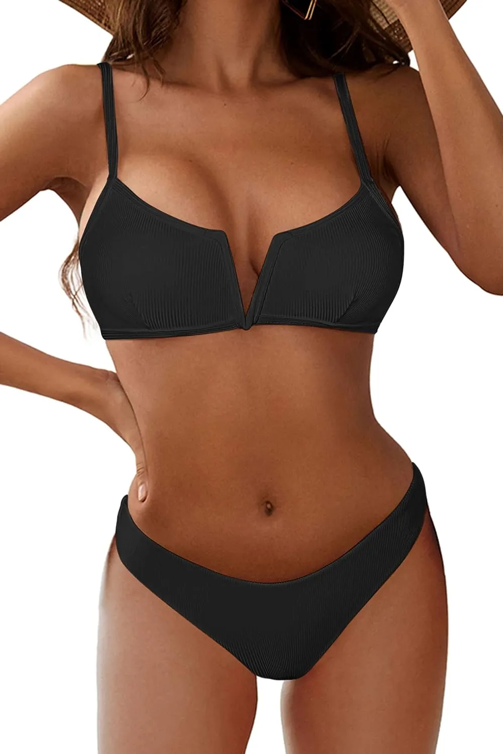 ZAFUL Women's High Cut Bikini Sets Ribbed V-Wire Cami Bikini Set