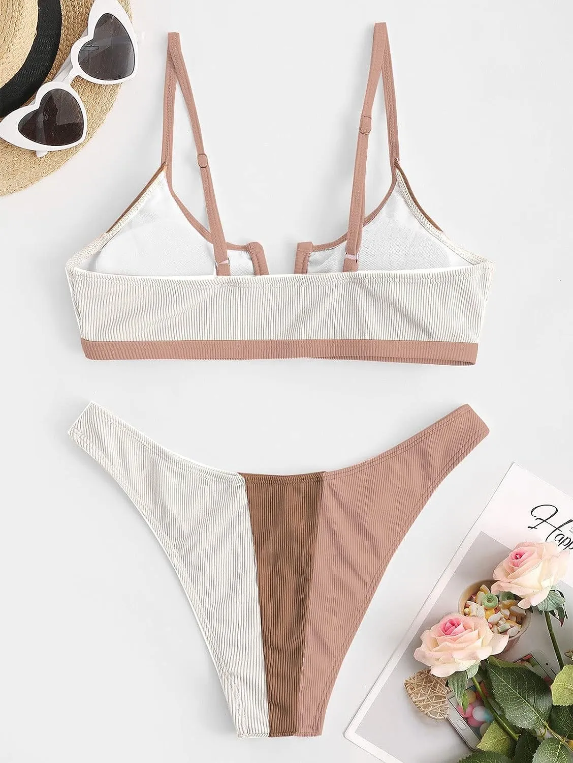 ZAFUL Women's High Cut Bikini Sets Ribbed V-Wire Cami Bikini Set