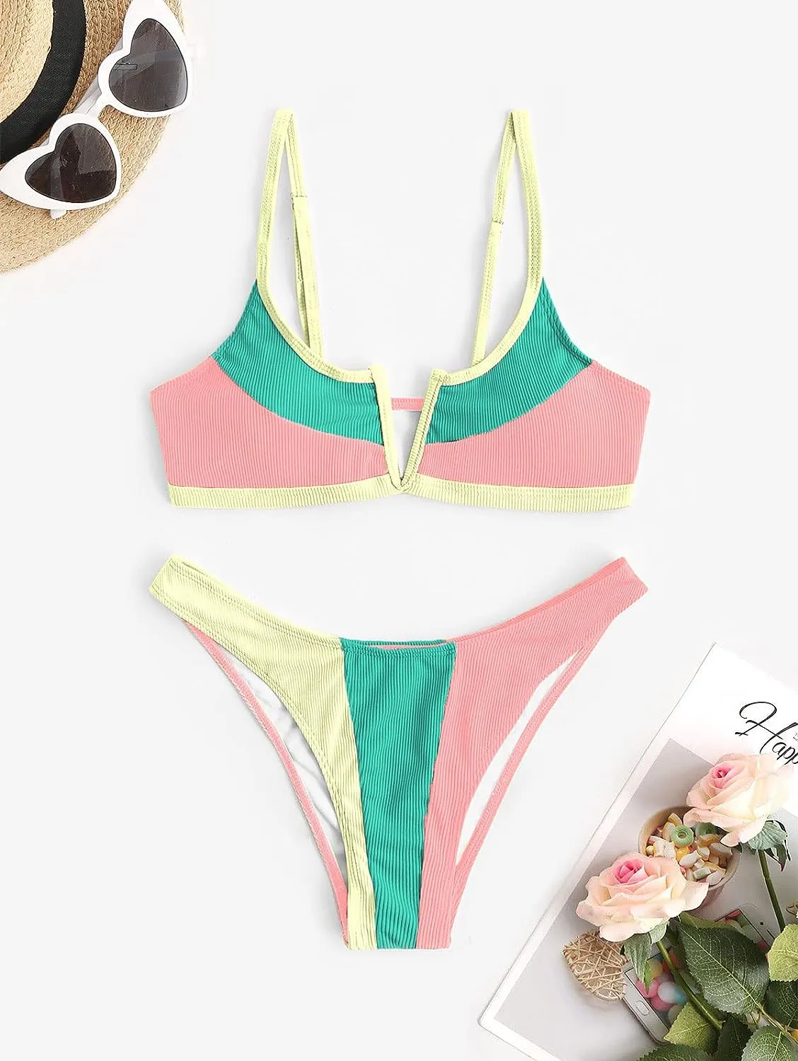 ZAFUL Women's High Cut Bikini Sets Ribbed V-Wire Cami Bikini Set