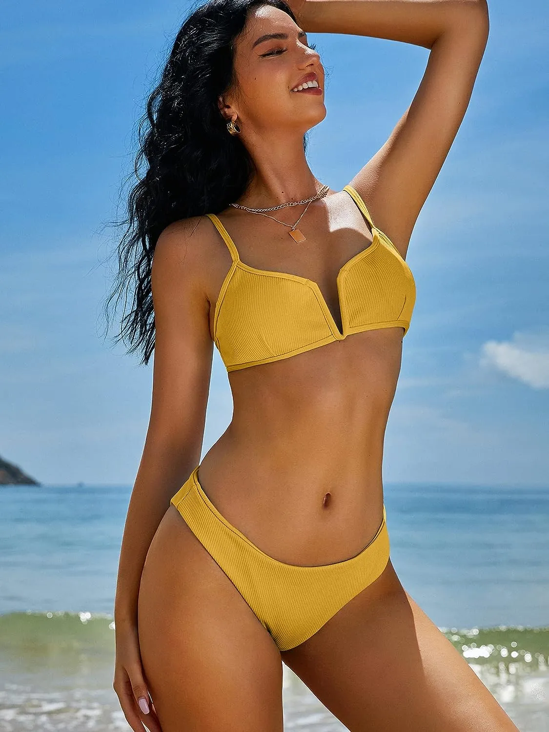 ZAFUL Women's High Cut Bikini Sets Ribbed V-Wire Cami Bikini Set