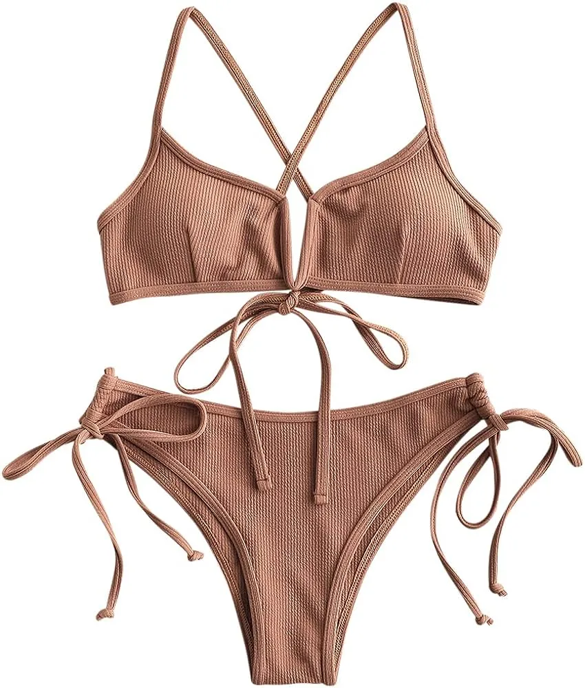 ZAFUL Women's High Cut Bikini Sets Ribbed V-Wire Cami Bikini Set