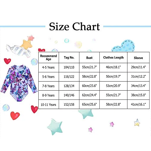 ZNYUNE Girls One Piece Rashguard Swimwear Long Sleeve Swim Suit with Zipper UPF 50  Sun Protection (PurpleButterfly, for 7-8 Years)