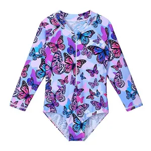 ZNYUNE Girls One Piece Rashguard Swimwear Long Sleeve Swim Suit with Zipper UPF 50  Sun Protection (PurpleButterfly, for 7-8 Years)