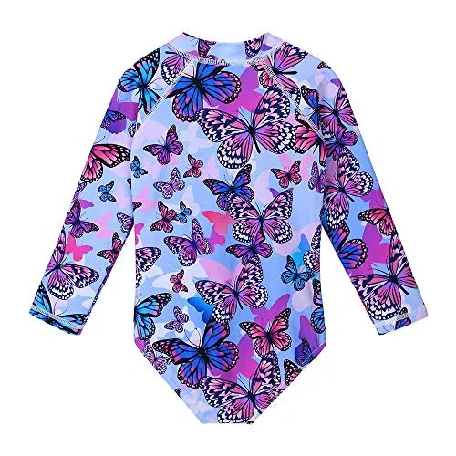 ZNYUNE Girls One Piece Rashguard Swimwear Long Sleeve Swim Suit with Zipper UPF 50  Sun Protection (PurpleButterfly, for 7-8 Years)