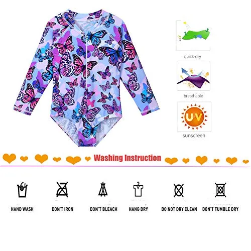 ZNYUNE Girls One Piece Rashguard Swimwear Long Sleeve Swim Suit with Zipper UPF 50  Sun Protection (PurpleButterfly, for 7-8 Years)