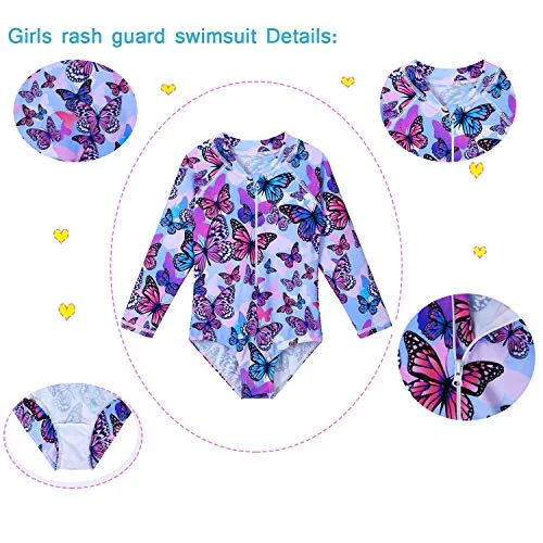 ZNYUNE Girls One Piece Rashguard Swimwear Long Sleeve Swim Suit with Zipper UPF 50  Sun Protection (PurpleButterfly, for 7-8 Years)
