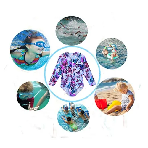 ZNYUNE Girls One Piece Rashguard Swimwear Long Sleeve Swim Suit with Zipper UPF 50  Sun Protection (PurpleButterfly, for 7-8 Years)