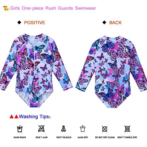 ZNYUNE Girls One Piece Rashguard Swimwear Long Sleeve Swim Suit with Zipper UPF 50  Sun Protection (PurpleButterfly, for 7-8 Years)