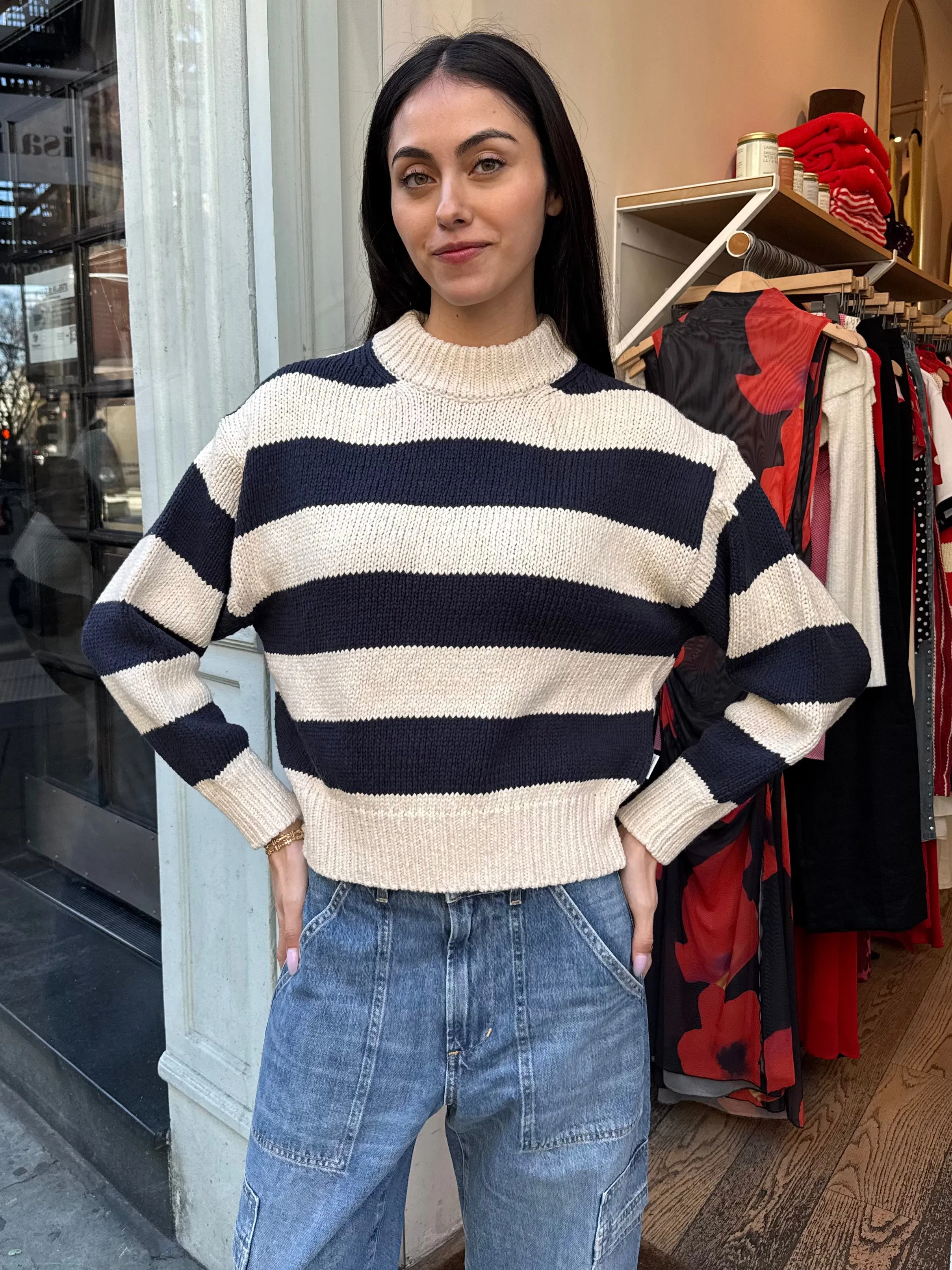 Zoe Cotton Sweater in Navy Stripe
